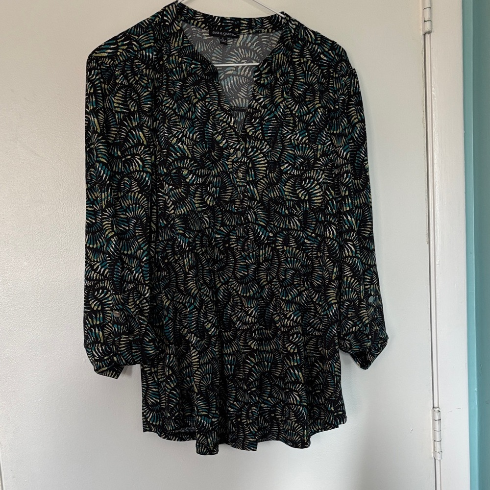 Ava & Grace Black and Teal Patterned Blouse Large L